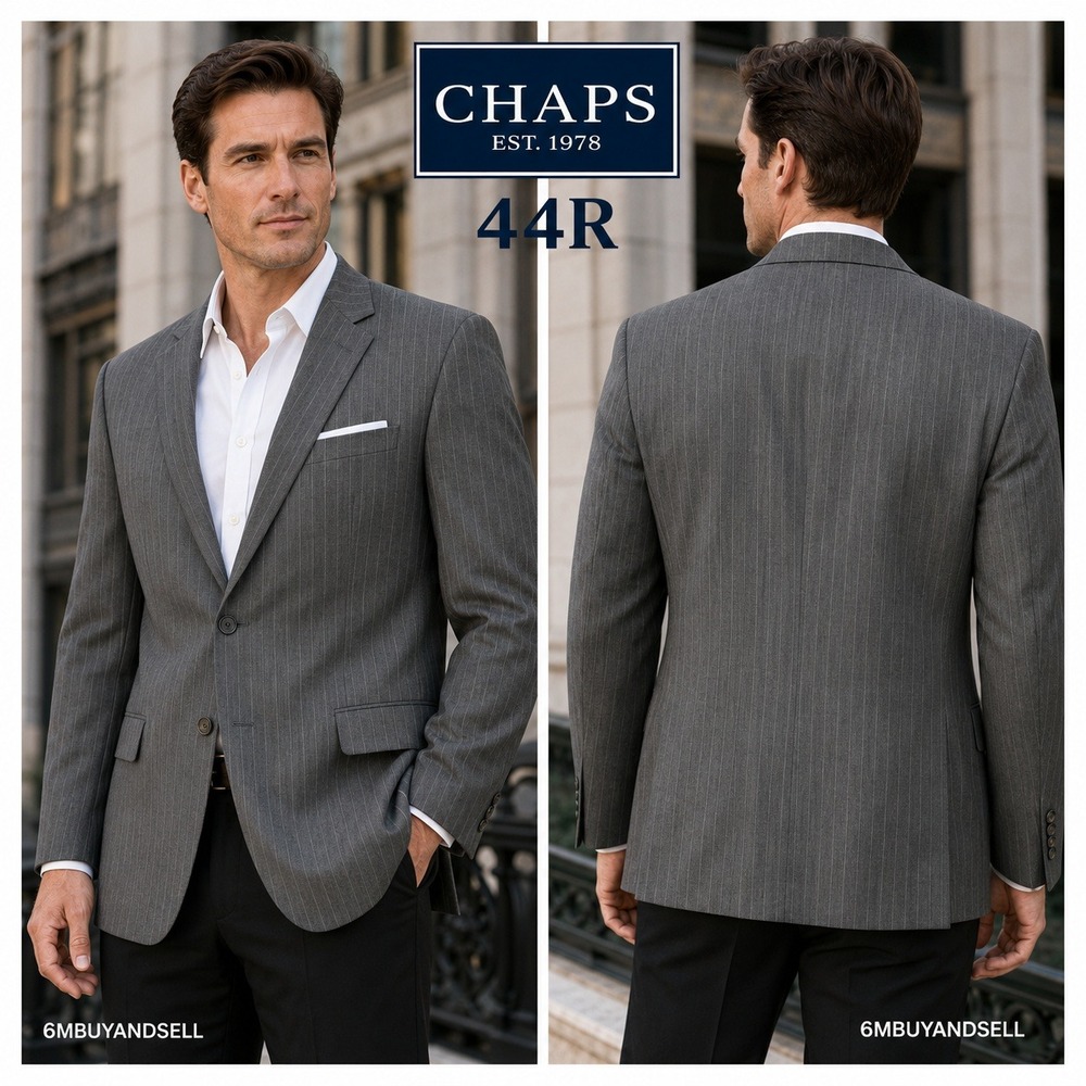 Chaps Mens 44R Pinstripe Blazer Grey 100% Wool 2 Button Sport Coat Jacket 0385